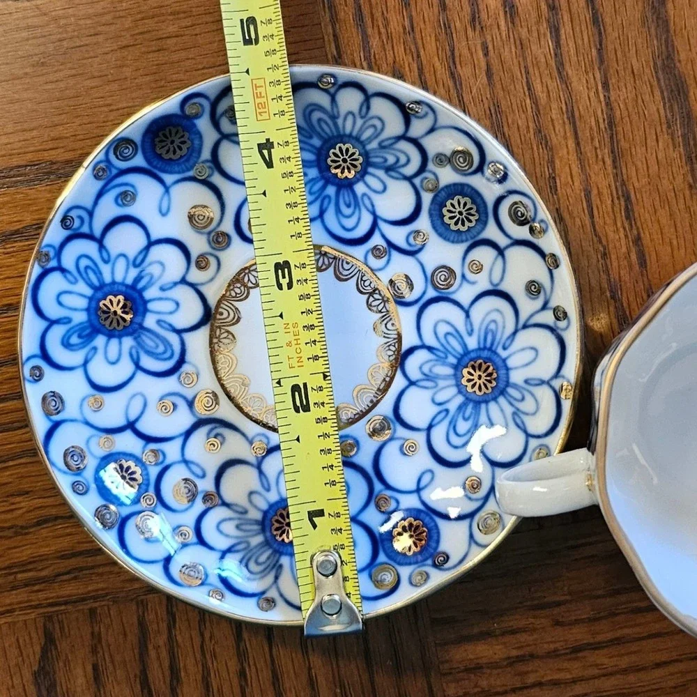 Lomonosov Imperial Porcelain Cobalt Blue Gold Floral Tea Cup Saucer Set USSR